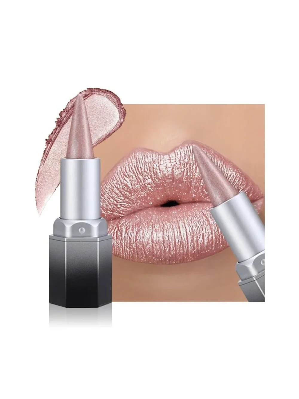Women 1Pcs -01 Pink Shimmery Metallic Cone-Tip Glitter Lipstick and Lip Liner